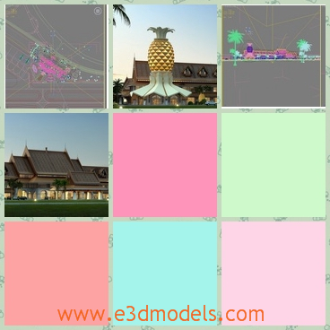 3d models of tropical resort buildings - These 3d models show us some pretty tropical resort buildings. These buildings have fantastic shapes and bright colors. One of them looks like a pineapple.