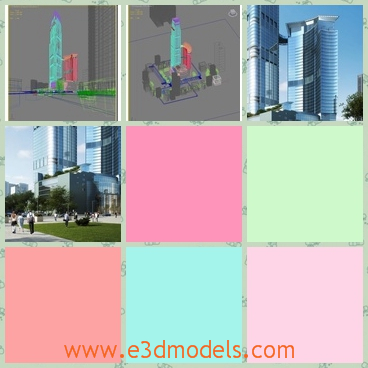 3d models of two tall buildings - There we see some 3d models about two tall buildings which have smooth blue surfaces. Before the buildings there is a wide square.