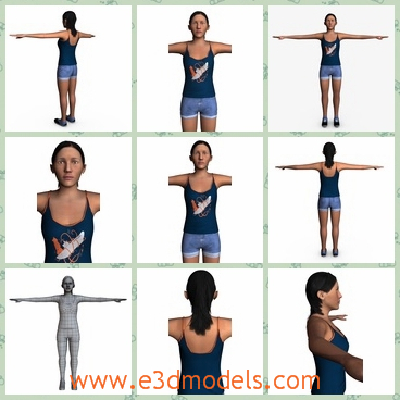 3d model a female in a vest and a shorts - This is a 3d model of a realistic female,who dressed in a vest and a shorts.The model is standing and the girl does not hot.