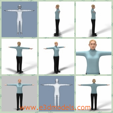 3d model a female in blue shirt - This is a 3d model about a female in blue shirt and trousers.She has long hairs and the arms are upright.