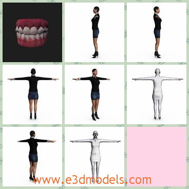 3d model a female with a miniskirt and a high heek - This is a 3d model of a casual female in a miniskirt,wha has short hair.The model can be seen in reality but the teeth look horrible.
