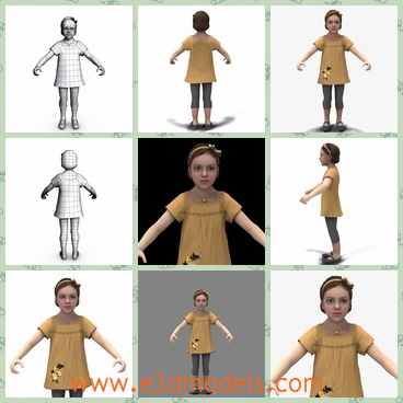 3d model a little girl in a yellow dress - This is a 3d model about a little girl in a yellow dress,who has a hair hand on her head.The flower on the dress is conspicuous.