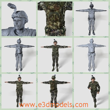 3d model a soldier in the uniform - This is a 3d model of a soldier in the uniform,who has a helmet on the head.The man is tall and his arms are stright.