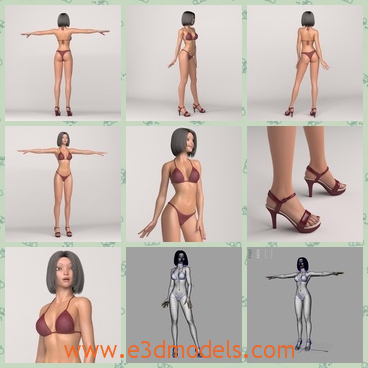 3d model of a sexy woman - These 3d models are of a highly detailed female character. She waers a sexy red bikini and a pair of red high-heeled shoes. Hair, brows and lashes are  based on set of curves.