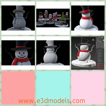 3d model of a snowman - This is a 3d model which is about a cute snowman. This snowman is fat and cute and he wears a black hat and a red scarf.