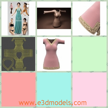 3d model of female tunic - This 3d model is about a female tunic in pink color. This tunic model includes both the tunic mesh and a second simplified mesh which works as a deformer of the original tunic mesh for cloth simulations.