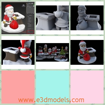3d model of Santa on the roof - This 3d model is about the Santa who is standing by the chimmey and he carries with himself a large red bag full of gifts.