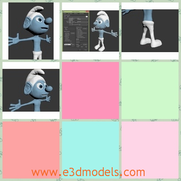 3d model of the smurf - This is a 3d smurf model. It has blue skin and big hands and feet and he wears white pants and shoes.