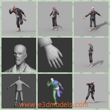 3d model the barefooted zombie - This is a 3d model of the barefooted zombie,which is scary and horrible to see.The model is a male and his skin is opened.