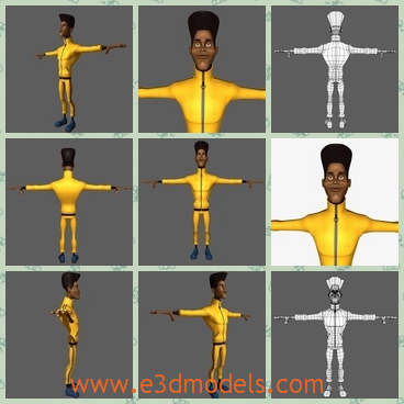 3d model the black male in yellow - This is a 3d model of the black male in yellow,which is standing and straighting his arms.The model has a fashionable hair style.