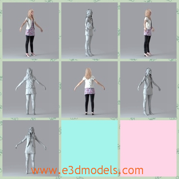 3d model the blond girl - This is a 3d model of the blond girl,who has casual clothing and who is standing on the ground.The model is rigged and normal.
