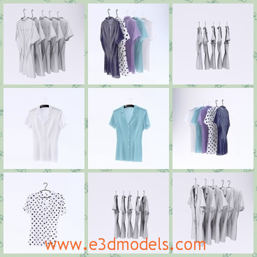 3d model the blouses in different colors - This is a 3d model of the blouses in different colors,which are hanging on the hangers and these blouses are made for females.