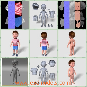 3d model the cartoon boy - This is a 3d model of the cartoon boy,who is standing on the floor and with the shorts and shoes.The boy is little but cute.