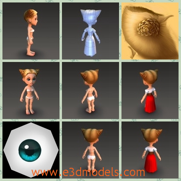 3d model the cartoon girl - This is a 3dmodel of the cartoon girl,who has the Dutch dress with her and has the slender body.Her hair style is special and outstanding.