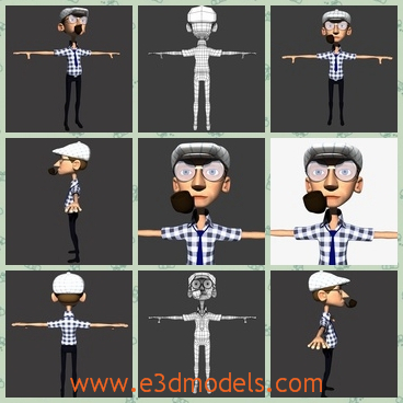 3d model the cartoon man with glasses - This is a 3d model of the cartoon man with glasses and a pipe in his mouth.This man is thin and tall.The cap has a low rim.