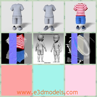 3d model the clothes for boys - This is a 3d model of the clothes for boys,which are t-shirt,shoes,and shorts.The clothes are hanging there.