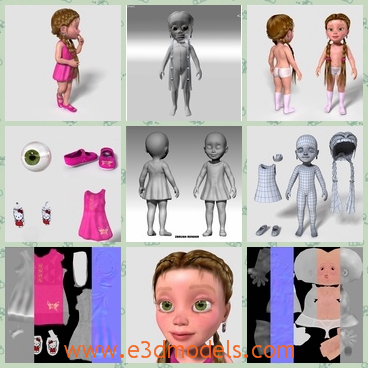 3d model the cute baby girl - This is a 3d model of the cute girl namde Sarah,who has a pretty dress and small braids.She looks like a doll,a lovely doll.