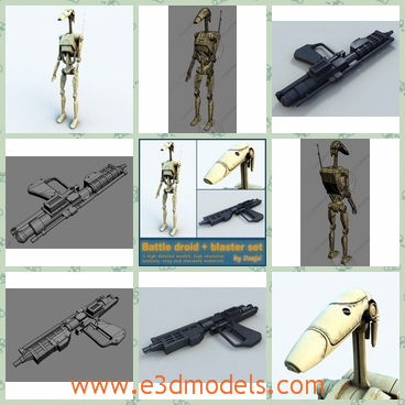 3d model the droid and the gun - This is a 3d model of the battle droid from Star wars Episode 1,2,3 and blaster.The model has a long head and thin legs.