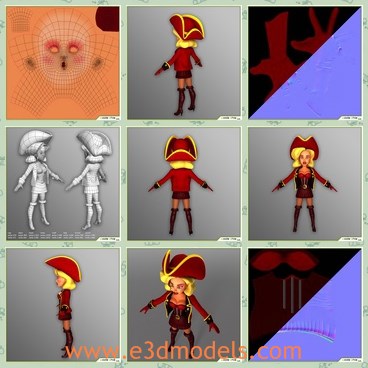 3d model the female pirate - This is a 3d model of the female pirate,who is made with a sword and she has the red hat and uniform.