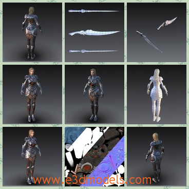 3d model the female warrior - This is a 3d model of the female warrior,who is standing on the ground and there is the weapon besides.