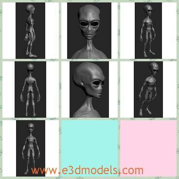 3d model the figure of an Alien - This is a 3d model of the figure of an Alien,which is the character of a naked male and the body is small and there is no hair on the head and with the horrible eyes.