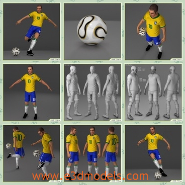 3d model the football player of Brazil - This is a 3d model of the football player of Brazil,which is the male kicker in number ten.He looks strong and tall.The ball in his hand looks so cool.