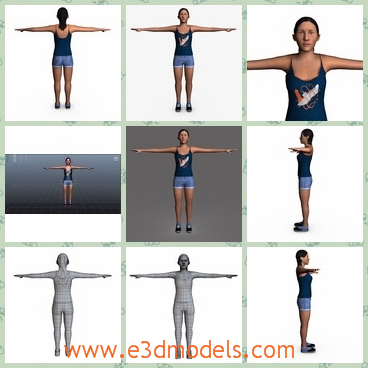 3d model the girl in shorts - This is a 3d model of the girl in shorts,who is wearing the vest and she has short hair.She is fat in her legs.