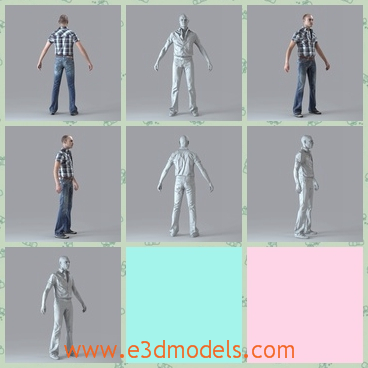 3d model the guy with jeans - This is a 3d model of the guy with jeans,who is standing and having the shirt on him.The model has bald head and his clithing is casual.