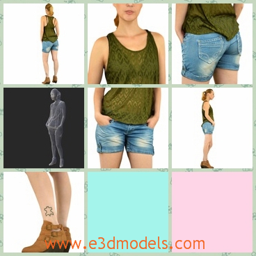 3d model the jean shorts and the vest - This is a 3d model of the jean shorts and the vest on a sexy girl,who is standing onthe floor and the model is popular.