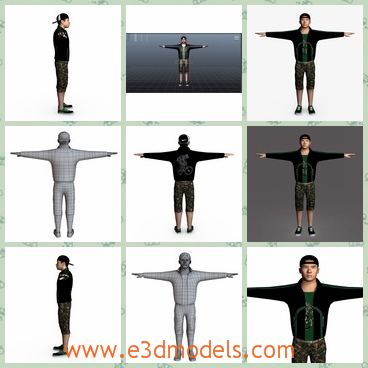 3d model the male with black clothes - This is a 3d model of the male with black clothes,whihc is a boy in his teenages and the boy has a cap on his head.