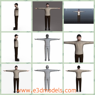 3d model the man with a cap - This is a 3d model of the man with a cap,which is in his middle ages.The man has casual dress and he has mustache.