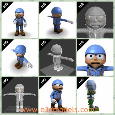 3d model the man with blue uniform - This is a 3d model of the man with blue uniform,who is the carton character.He is a funny workman with a hardhat,and he also a pair of big eyes.