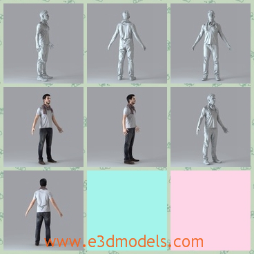 3d model the man with jeans - This is a 3d model of the man with jeans,who is standing on the floor and there is a scarf on his neck.