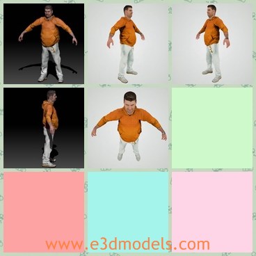 3d model the man with sweatpants - This is a 3d model of the man with sweatpants,who is short and strong.The orange shirt is right for him.