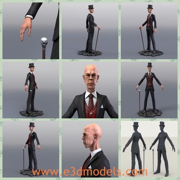 3d model the old man with a hat - This is a 3d model of the old man with a hat,who is thin ans short.The cane of the man is fine and elegant.