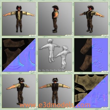 3d model the pirate with a hat - THis is a 3d model of the pirate with a hat,which is a cartoon figure.The model is divided in multipled ID materials, each one with a 2048x2048 texture.