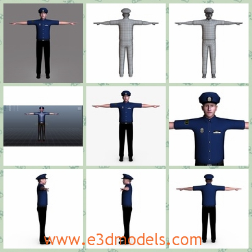 3d model the police in blue uniform - This is a 3d model of the police in the blue uniform,who has a hat on the head and the cop is an officer in the office room.