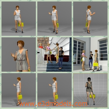 3d model the pretty woman - This is a 3d model of the pretty woman,who is with a yellow purse and is in high-heeled shoes.The model is properly scaled, the system units are composed orderly.