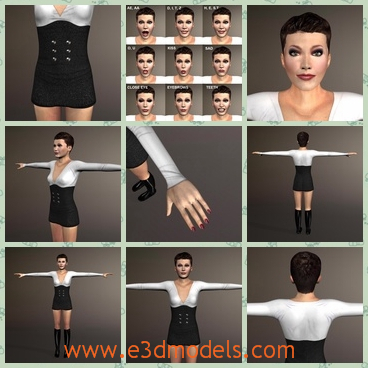 3d model the rigged woman - This is a 3d model of the rigged woman,who is standing with her arms spreading.The materials of the clothes are smooth and special.The minidress of the woman is pretty.