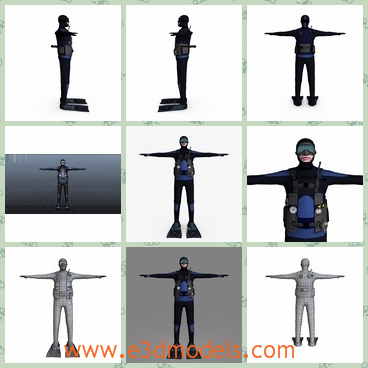3d model the scuba diver with a wetsuit - This is a 3d model about the scuba diver with a wetsuit,which has a cover on his eyes and the rig is fit for the water sports.