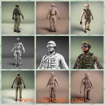 3d model the soldier in the military - This is a 3d model of the soldier in the army,who has a special glasses and the weapon is a gun on his shoulder.