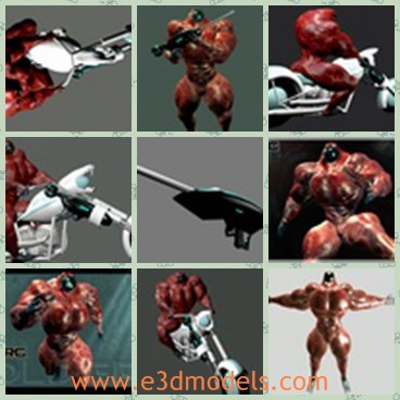3d model the soldier with great muscles - This is a 3d model of the soldier with great muscles,which is a mix of huge muscles with central computer in his head that directs every move. Going on the chopper cyborg X1c and is armed with a gun futuristic assault.