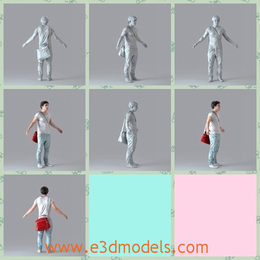 3d model the teen boy - This is a 3d model of the teen boy,who has the red bag with him.The model is young and his clothes are casual.
