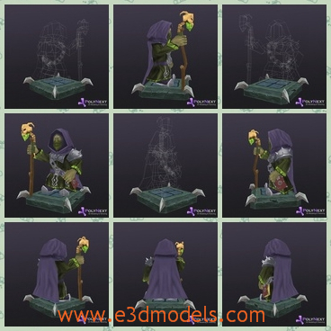 3d model the wizard in the darkness - This is a 3d model of the wizard in the darkness,which has an ugly cane in her hand.The model has a ocver on her back and the her face is not easy to see.