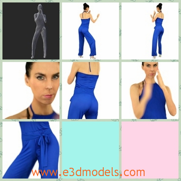 3d model the woman in blue jumpsuit - This is a 3d model of the woman in blue jumpsuit,who is pretty and sexy and brunette.The woman has the high heel shoes with her.