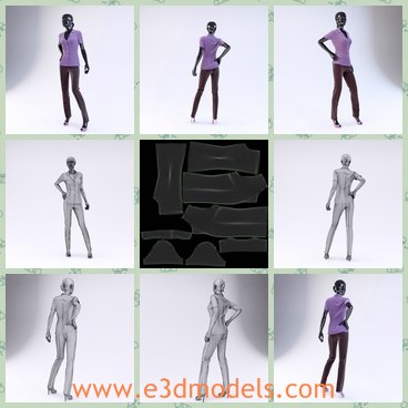 3d model the woman in purple - This is a 3d model of the woman in purple,who is standing on the floor and she is showing the new clothes of a company.