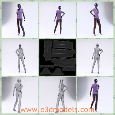 3d model the woman in purple - This is a 3d model of the woman in purple,who is standing on the floor and she is showing the new clothes of a company.