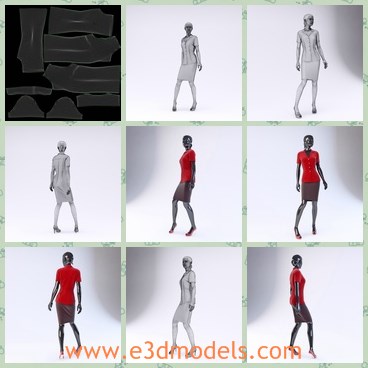3d model the woman in the showroom - This is a 3d model of the woman in the showroom,which is a high quality model. Materials can be easily modified- The blouse and skirt are unwrapped.