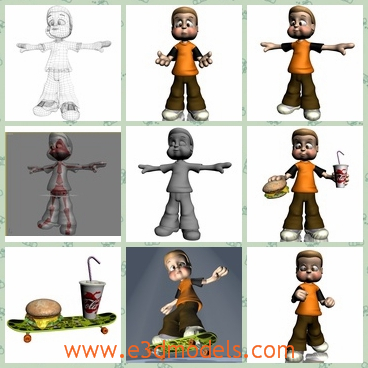 3d models of cartoon skateboarder boy - These models are about a cartoon skateboarder boy.The model has a rigged head, spine, arms legs, foots, hands, fingers and it is finely skined.
