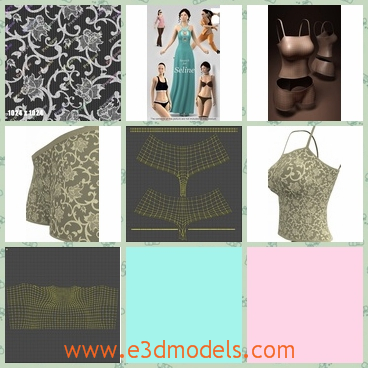 3d models of Lingerie set clothes simulation - These 3d models are about some sexy Lingerie underclothes for women. These underclothes are made of high quality materials and have pretty patterns.